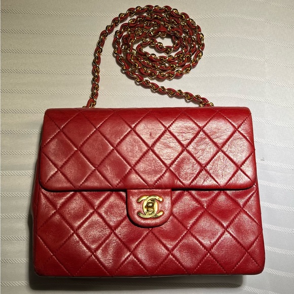 CHANEL Handbags - *SOLD* Chanel Vintage Mini Square Classic Flap Bag Quilted Lambskin Red